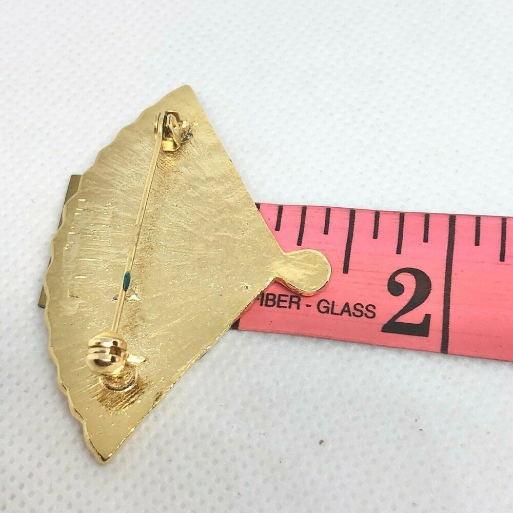 Vintage Cloisonné Gold Tone Fan Brooch Pin Red Yellow Blue Leaves Pin Back - Picture 5 of 6
